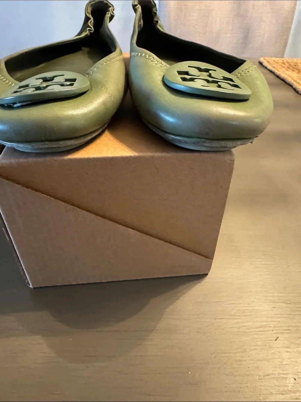 Tory Burch Olive Green Leather Logo Ballet Flat
